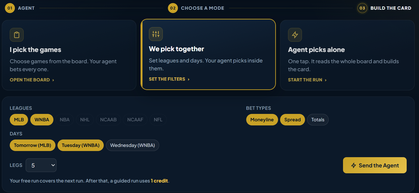 The guided picks mode with league and leg controls