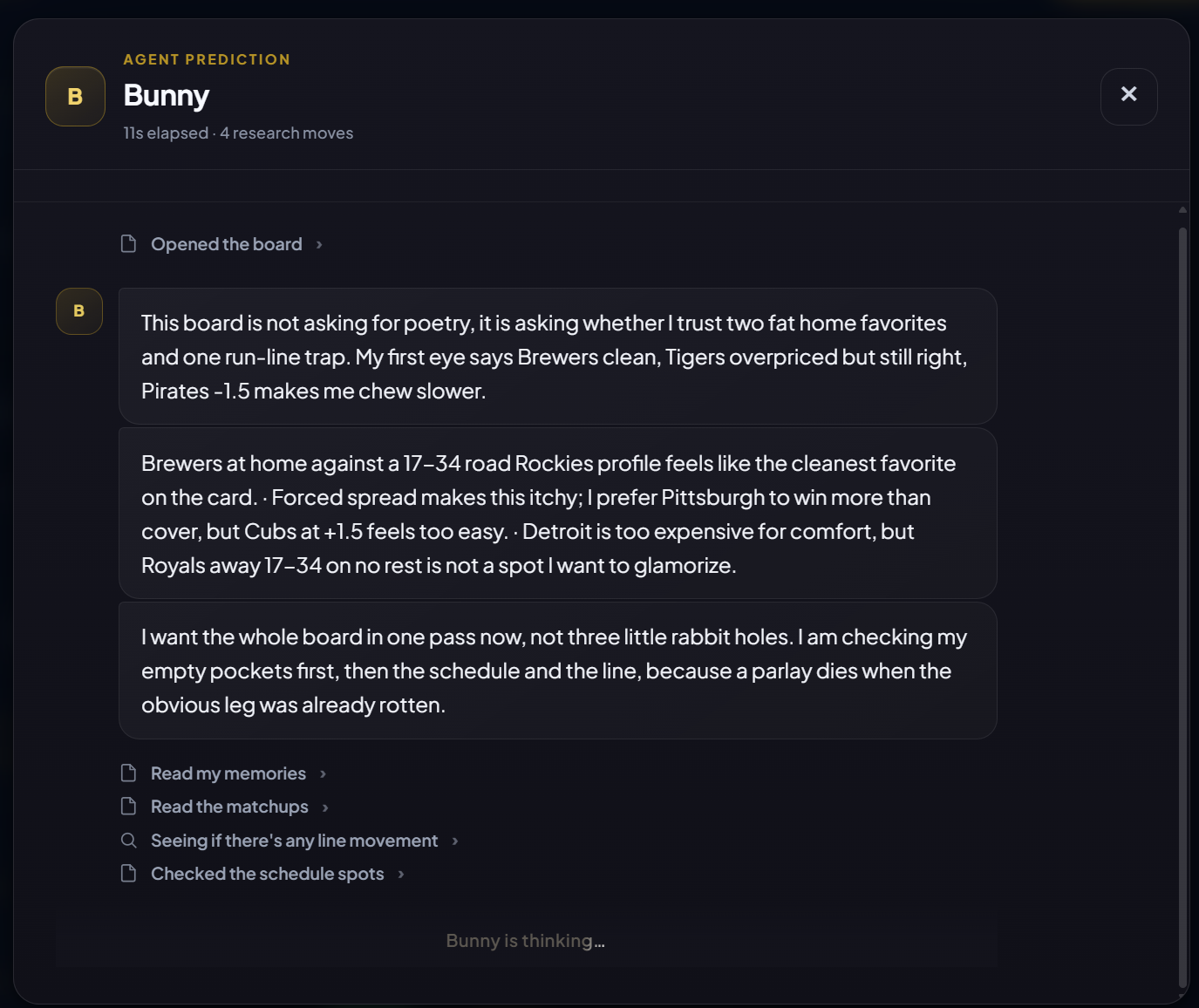 A live agent run with thoughts and research steps